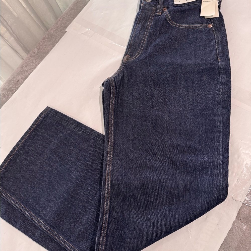 New Abercrombie & Fitch Dark Blue Straight Jeans High Rise The Loose Size 26